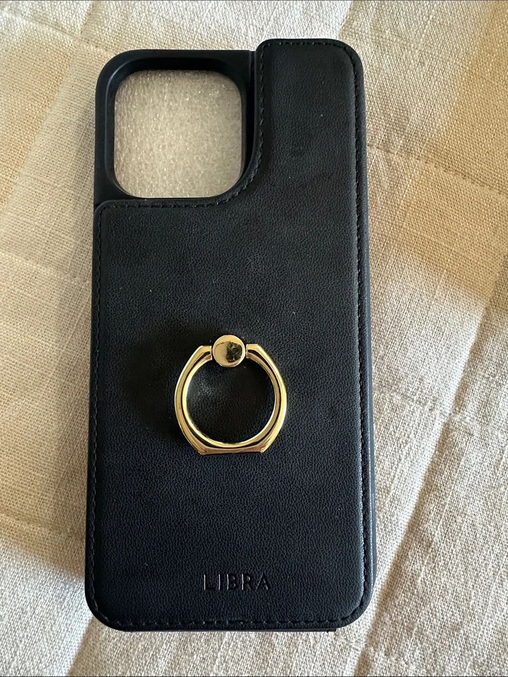 Libra Black Leather Phone Case with Gold Ring - Compatible Cell Accessory